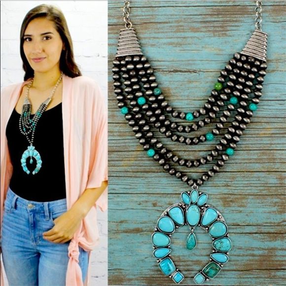 Silver and Turquoise Squash Blossom Necklace NWT - Picture 4 of 9